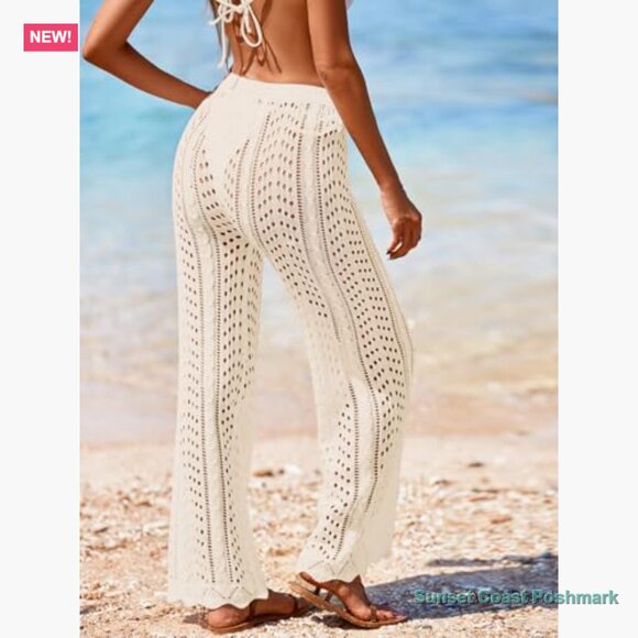 Crochet Mesh Knit Beach Cover Up Pants High Waist Drawstring - Picture 3 of 7